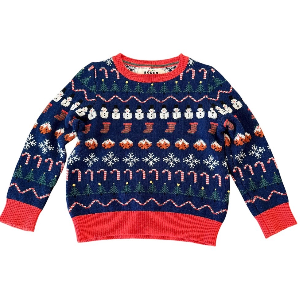 Mini Boden Kids Navy Christmas Snowman Candy Cane Tree Sweater 4-5 Years Holiday